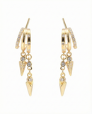 Gold hoop earrings with pyramid-shaped drops on a white background