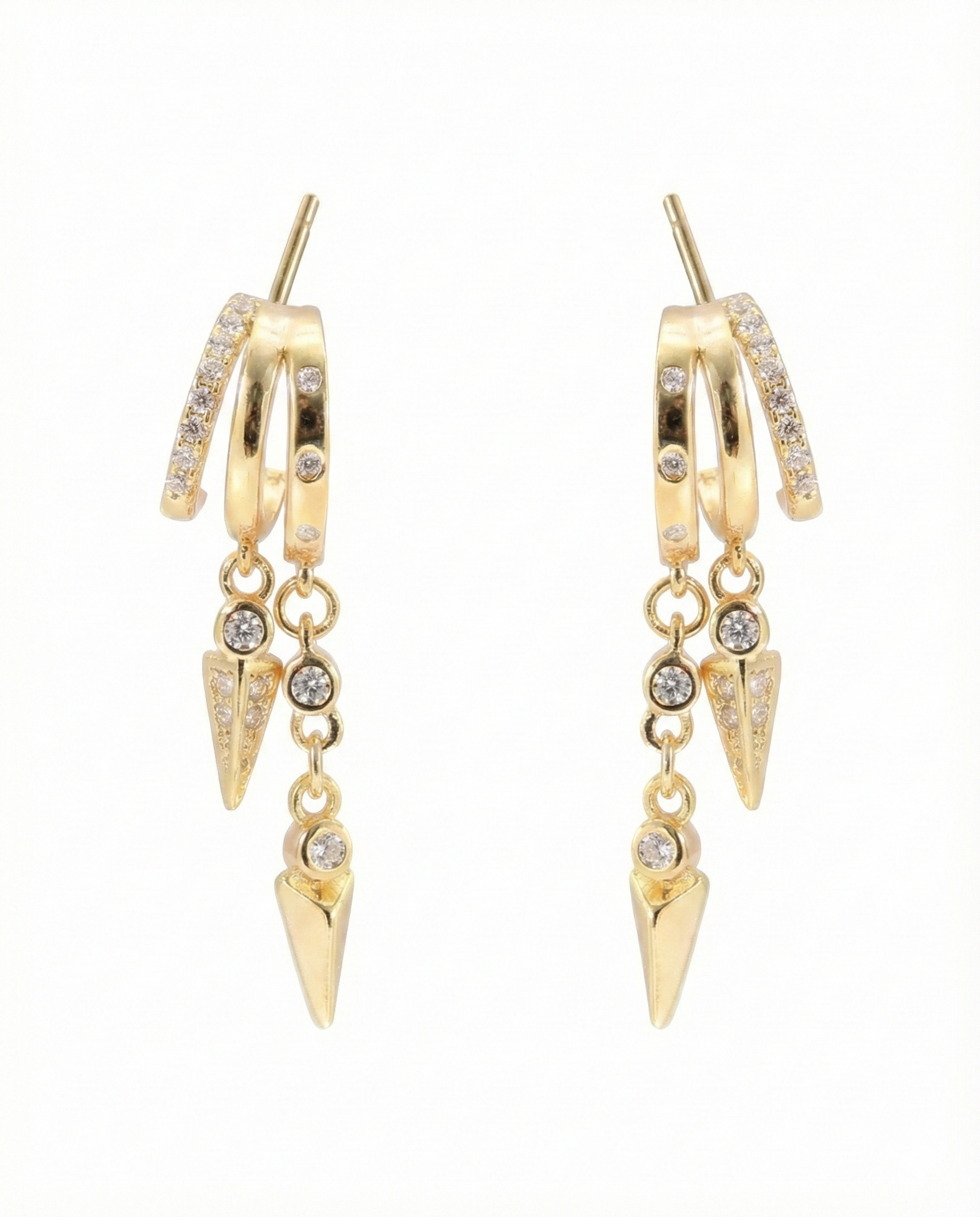 Gold hoop earrings with pyramid-shaped drops on a white background
