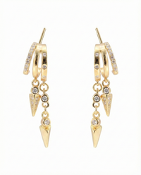 Gold hoop earrings with pyramid-shaped drops on a white background