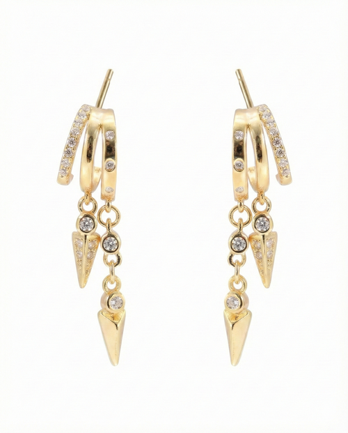 Gold hoop earrings with pyramid-shaped drops on a white background